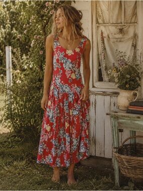 Vintage Laura Ashley 1980s Red Floral Sundress| Cotton| Size 8